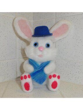Handmade Needle Felting Bunny Rabbit w/ Hat and Scarf hand crafted felted animal